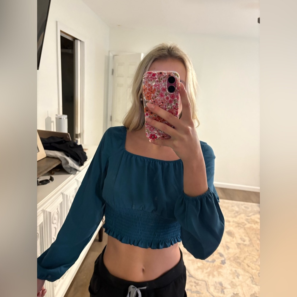 Teal Long Sleeve Smocked Top